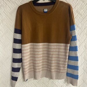 Kavu Brown Crewneck Sweater with Blue and Navy Stripe Sleeves